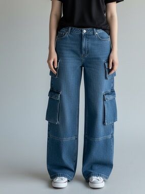 Simons Dark Blue Wide-Leg Cargo Jeans oversized signature 8